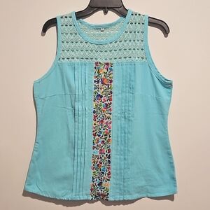 Light Teal blue embroidered Mexican Pattern Sleeveless Top Pintucks Lg.